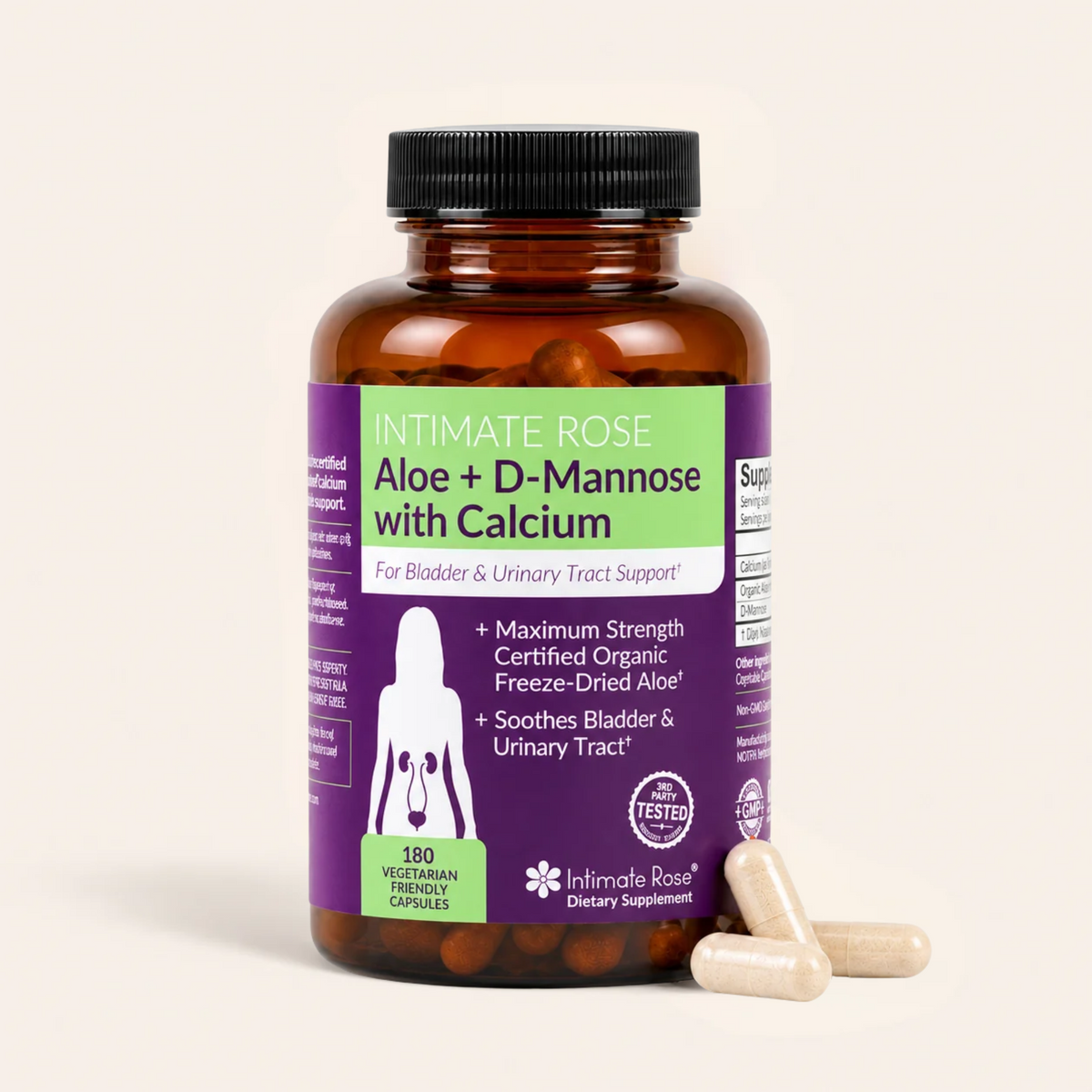 An amber supplement bottle labeled 'Intimate Rose Aloe + D-Mannose with Calcium' by Intimata Rose, shown on a light beige background with three beige capsules in front.