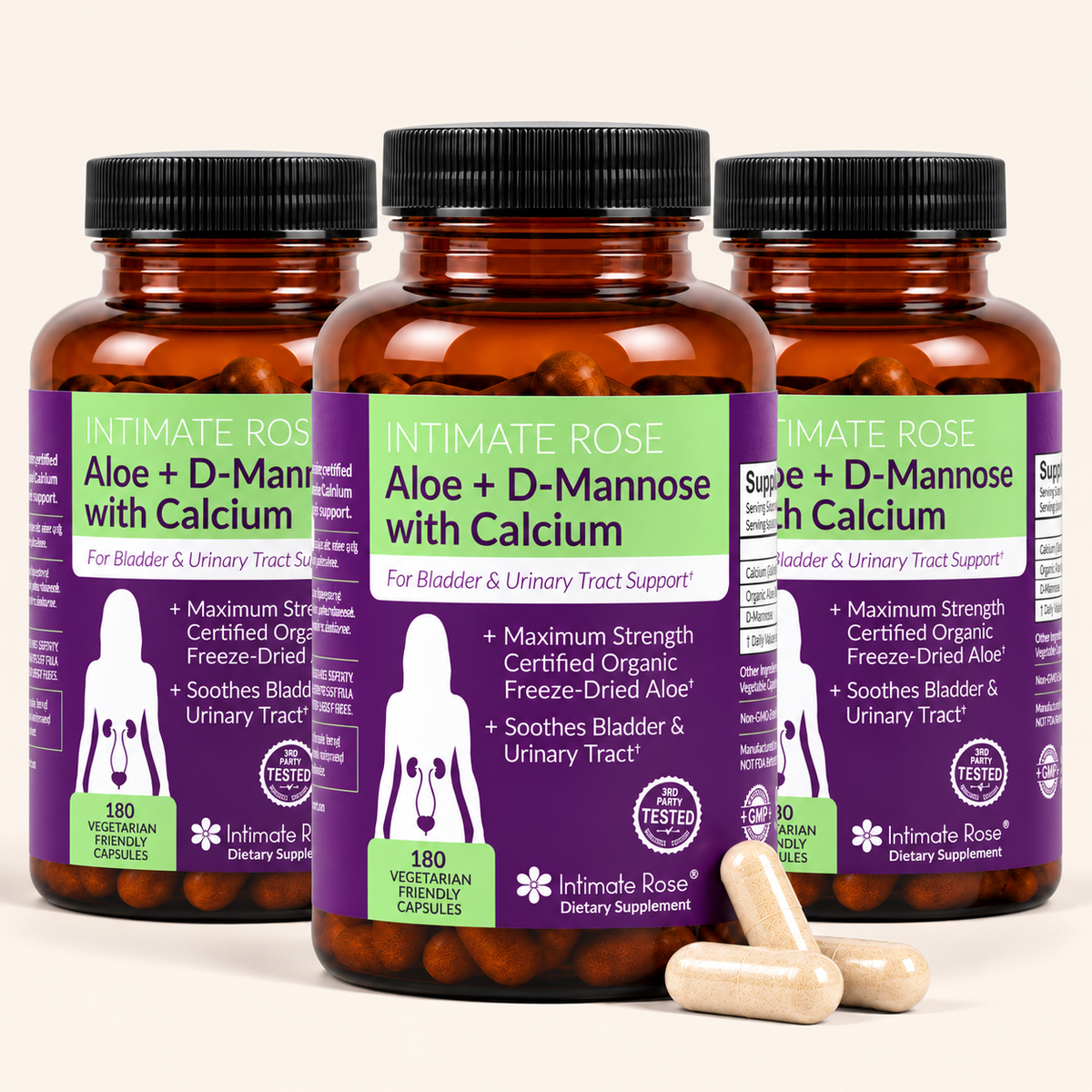 Three amber supplement bottles labeled Intimate Rose Aloe + D-Mannose with Calcium, arranged together with three beige capsules in front on a white background.