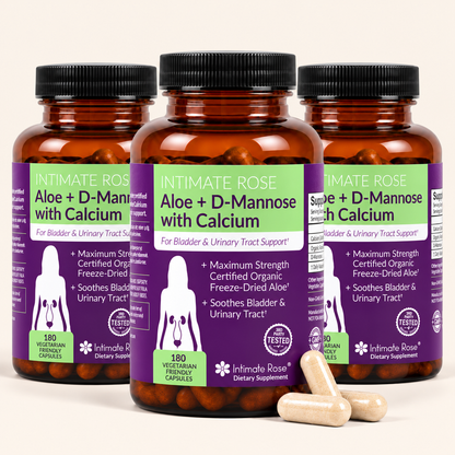 Three amber supplement bottles labeled Intimate Rose Aloe + D-Mannose with Calcium, arranged together with three beige capsules in front on a white background.