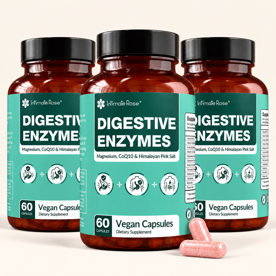 Three amber supplement bottles labeled HimaRose Digestive Enzymes with black caps, arranged against a light beige background, with two pink capsules in front.