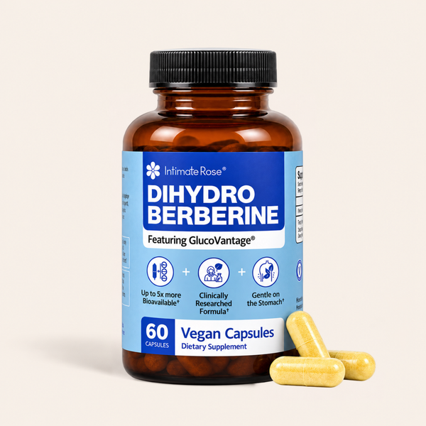An amber plastic bottle of IntimateRose Dihydro Berberine dietary supplement with a blue label, shown on a light beige background with three yellow capsules in front.
