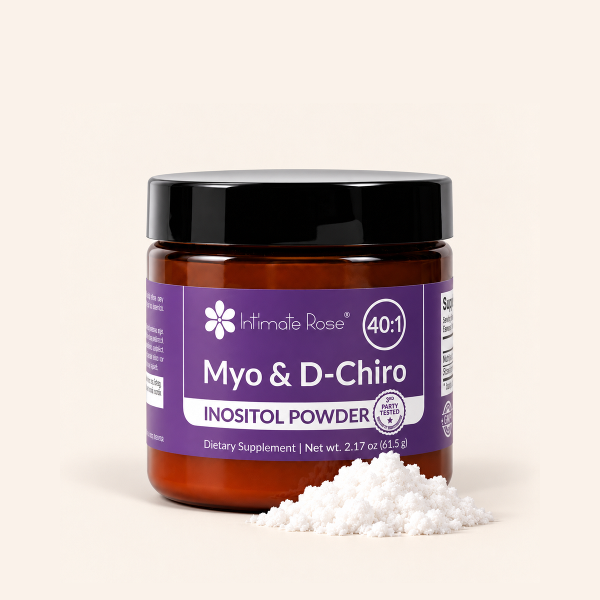 An amber glass jar of Intimate Rose Myo & D-Chiro Inositol Powder with a black lid and purple label, shown with a small pile of white powder in front on a light beige background.