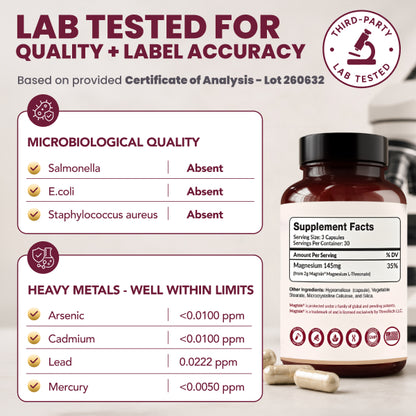 Magtein certificate of analysis and third-party quality testing