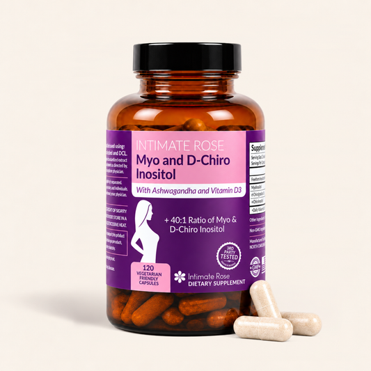 An amber plastic bottle of Intimate Rose Myo and D-Chiro Insitol dietary supplement with a black cap, shown on a light beige background with three capsules in front.