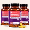 Three amber supplement bottles labeled Intimate Rose Berberine HCl + Ceylon Cinnamon, arranged together on a light beige background with three yellow capsules in front.