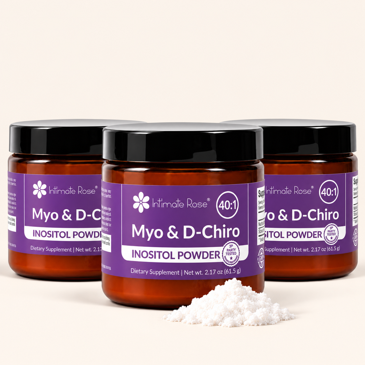 Three amber glass jars of Intimate Rose Myo & D-Chiro Inositol Powder with black lids and purple labels, arranged on a light beige background with a small pile of white powder in front.