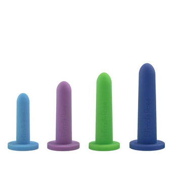 Four differently sized and colored cylindrical objects with flared bases, arranged sequentially.